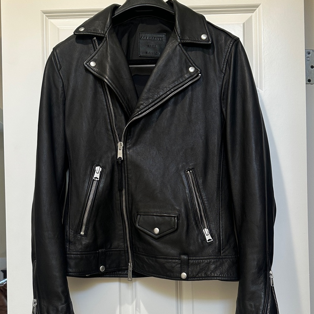 All Saints Black Leather Biker Jacket with Silver Hardware